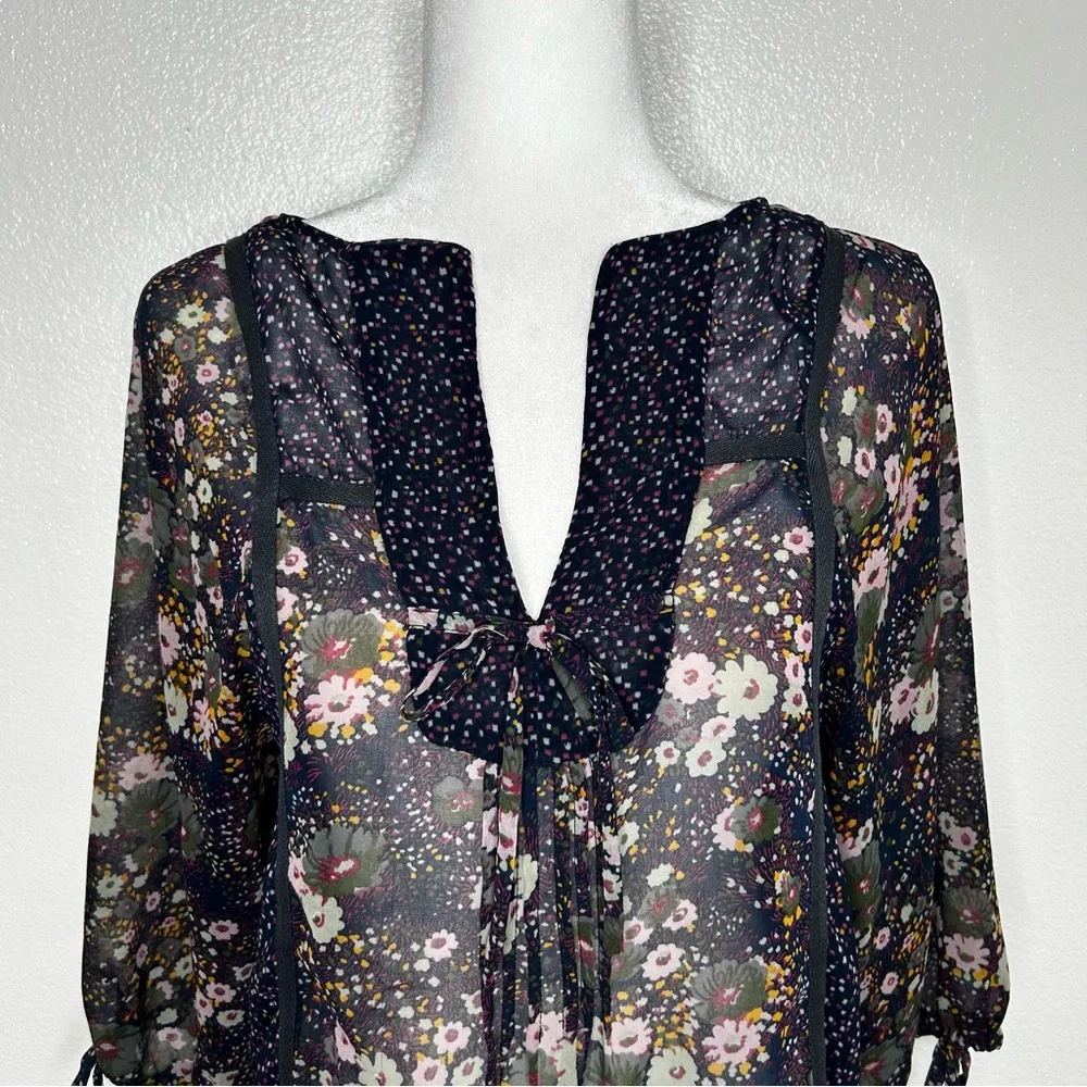 ZARA Womens Navy Blue Floral Chiffon Front Tie Top Balloon Sleeve Size XS/ S - Picture 2 of 10